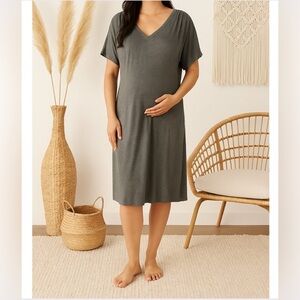 Hatch Gray Double V-Neck Maternity Soft Stretch Casual Lounge Shift Dress